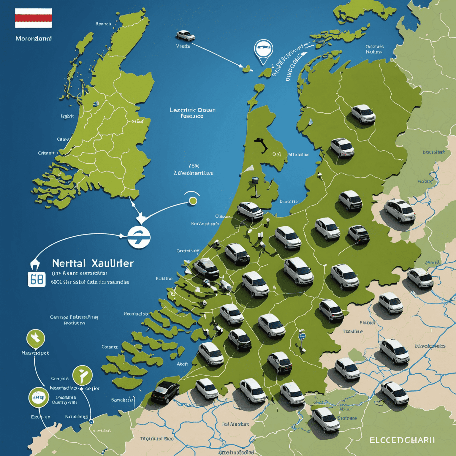 Een overzichtskaart van Nederland met talrijke laadpunten voor elektrische voertuigen, die de uitgebreide laadinfrastructuur in het land illustreert.