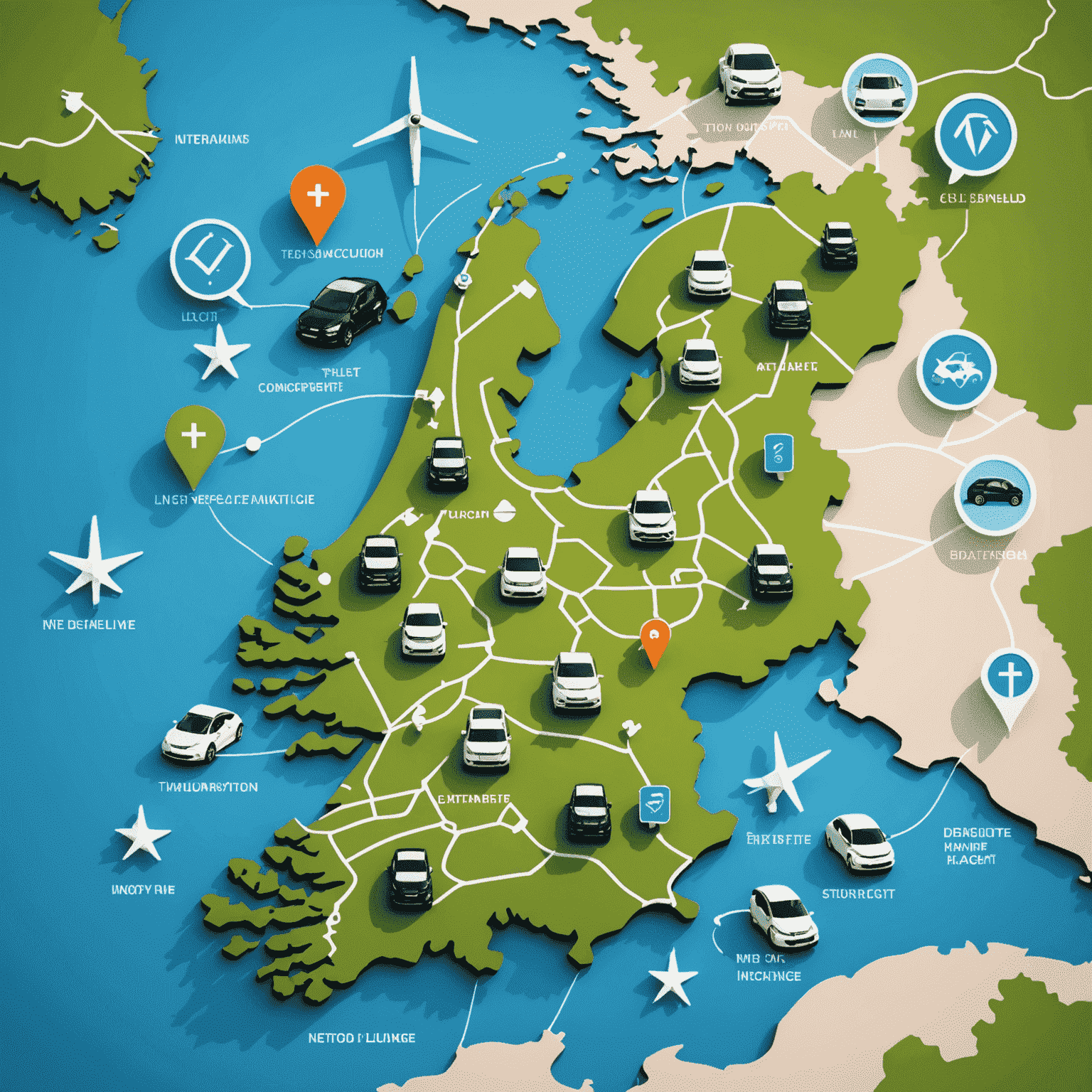 Een kaart van Nederland met talrijke laadpunten voor elektrische voertuigen, gemarkeerd met heldere iconen.