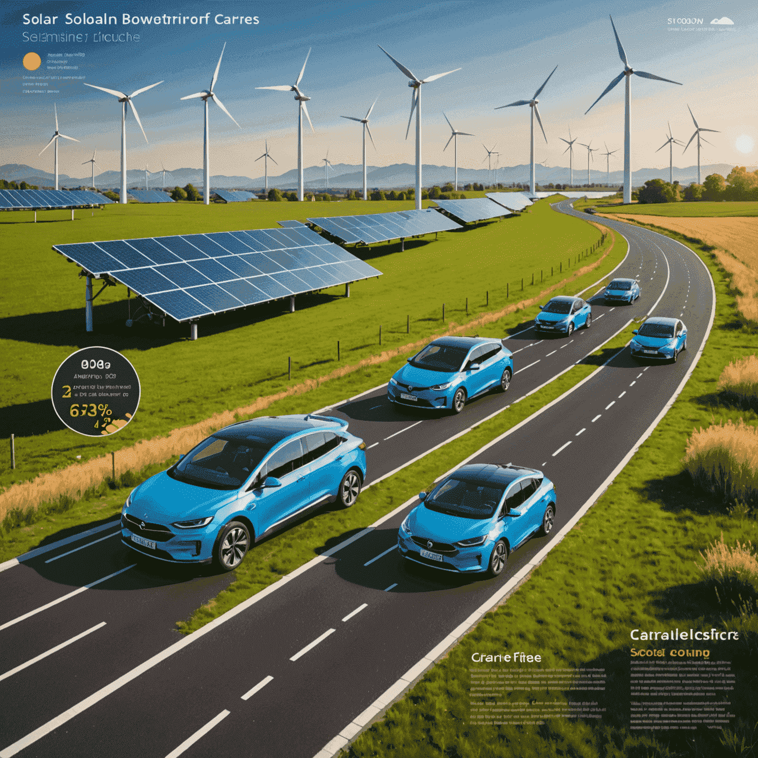 Infographic die de energiestroom van zonnepanelen en windturbines naar elektrische auto's visualiseert, met statistieken over verminderde CO2-uitstoot