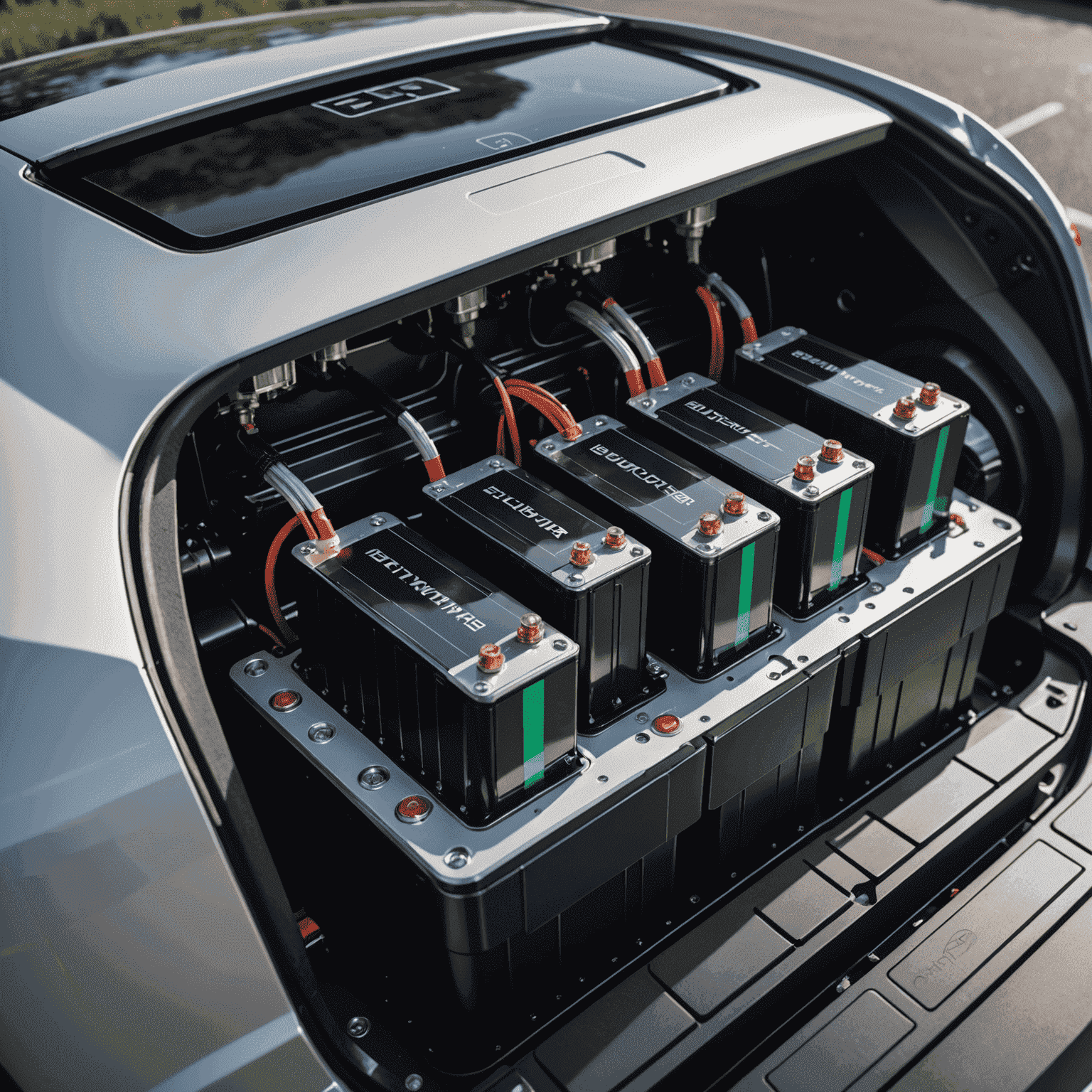 Een close-up van een geavanceerde elektrische voertuigbatterij, met zichtbare innovatieve componenten die de nieuwste technologische doorbraken vertegenwoordigen.