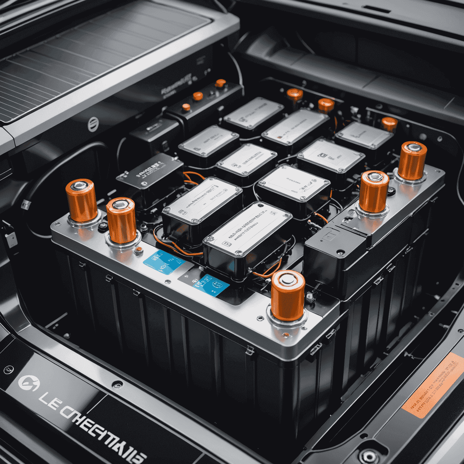 Close-up van een geavanceerde elektrische voertuigbatterij met zichtbare cellen en high-tech koelsysteem.